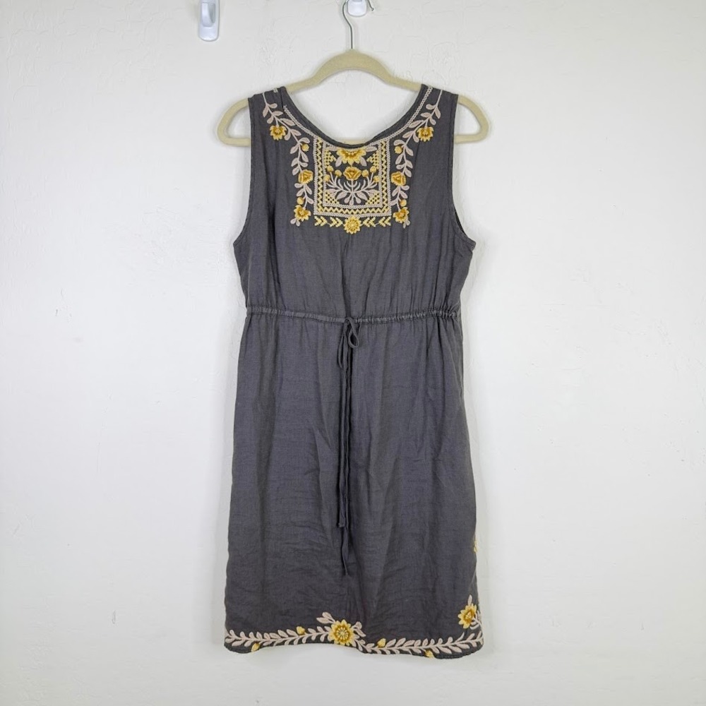 Johnny Was Embroidered Floral Linen Tank Dress Gray Boho Cottagecore Size Medium - Picture 6 of 12